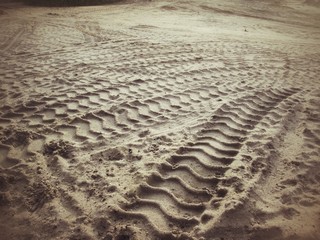 Wheel tracks on the soil.