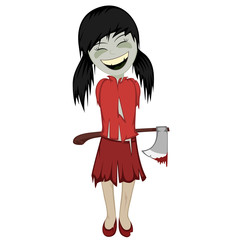 Zombie girl with surprise - Lovely black haired little zombie girl with an axe behind her back