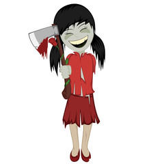 Zombie girl with surprise - Lovely little black haired zombie girl gives you a bloody axe with a rose