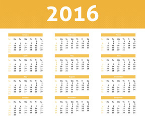 2016 year calendar in yellow color and English language