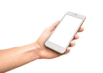 Hand holding white smartphone with blank screen – mockup template on white background
