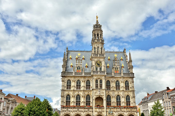 Exterior of medieval gothic city hall of Oudenaarde, Belgium