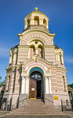 Fototapeta na wymiar Belltower of russian orthodox cathedral of the Nativity of Chris