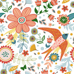 Fototapeta na wymiar Colorful seamless pattern with birds and blooming flowers