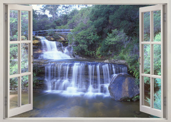 Open window view to Wentworth Falls, Jamison Creek, Blue Mountains region of New South Wales, Australia