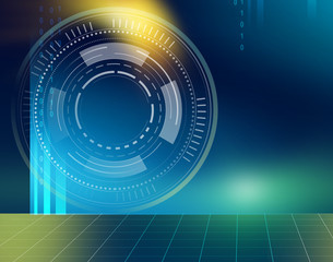 abstract technology circles and grid on dark blue background 