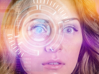 Modern cyber woman looking circle technology eye