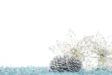Silver Pine Cone with christmas decoration flower on Snow