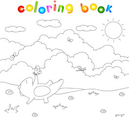 Cute chubby dragon is playing with dragonflies and butterflies o