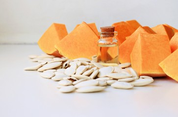 Fototapeta na wymiar Pumpkin seed oil benefits vegetable nutrition cosmetic