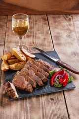 Sliced pork steak with fried potatoes