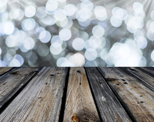 Christmas bokeh with wooden table