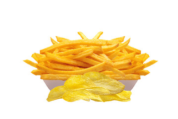 French fries in white box and chips isolated on white