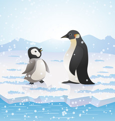 two penguins on snowing antarctic landscape cartoon drawing