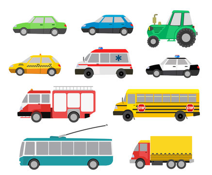 set of cartoon cute cars and special vehicles. vector illustrati