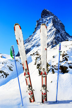 Matterhorn, Switzerland, winter season - ski equipments on ski run