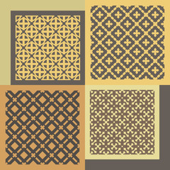 Set of four seamless patterns. Vintage geometric ornaments. 