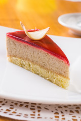 Slice of souffle cake with jam topping
