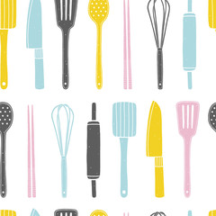 Hand drawn seamless pattern with kitchen utensils on the white background. Cooking vector repeating background for kitchen fabrics, paper napkins, wallpapers. Pattern is cropped with clipping mask 