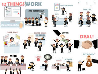 beautiful graphic design of work,12 things of work situation consist of job application,job interview,presentation,meeting,over time,coffee break,bonus,deal,MOU,late,lay off and retirement