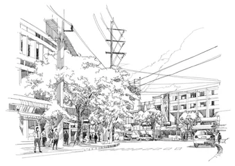 Keuken spatwand met foto sketch drawing of city street.Illustration. © grandfailure