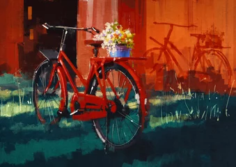Crédence de cuisine en verre imprimé Grand échec peinture de vélo vintage avec seau plein de fleurs