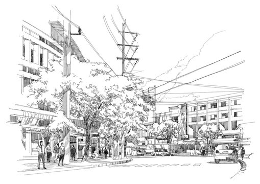 sketch drawing of city street.Illustration.