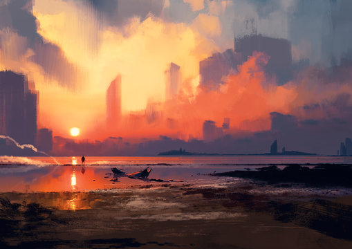 man on sea beach looking at skyscrapers at sunset,illustration painting