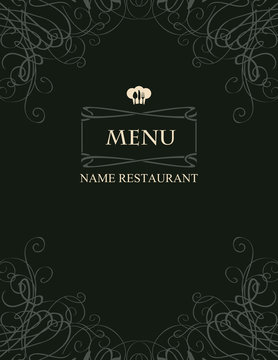 Cover menu with flourishes and toque on a black background