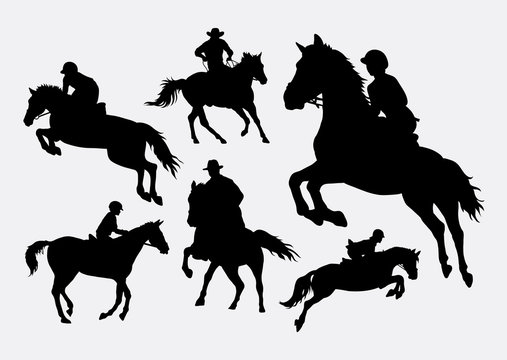 Male and female people riding horse sport action silhouettes