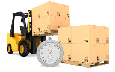 Forklift truck with cardboard boxes and stopwatch on a white