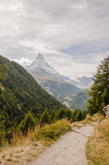 Fototapeta premium Zermatt, Dorf, Walliser Dorf, Alpen, Schweizer Alpen, Findeln, Wanderferien, Findelschlucht, Matterhorn, Wallis, Sommer, Schweiz