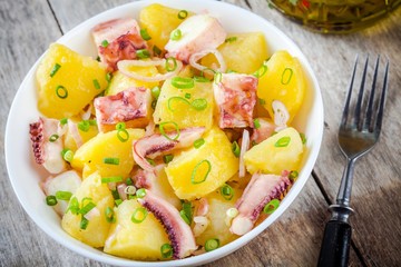 Italian food: salad with octopus, potatoes and onions