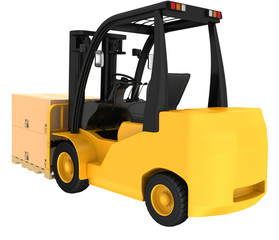 Forklift truck with cardboard boxes on wooden pallet