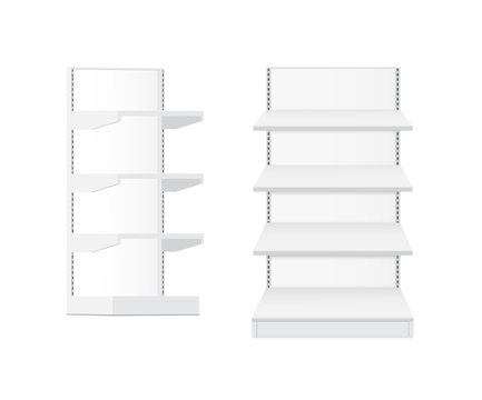 White empty supermarket retail store shelves isolated on white background vector illustration