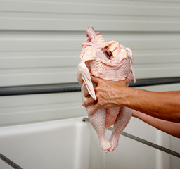 Farmer holds carcass of raw fresh-killed free range chicken © GalinaSt