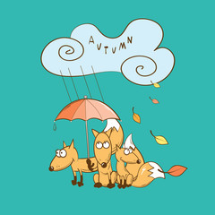 Autumn card with three cartoon foxes who hide under an umbrella. Rainy autumn weather.