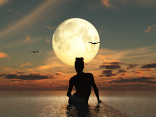 Mujer en el mar frente a la luna llena - obrazy, fototapety, plakaty