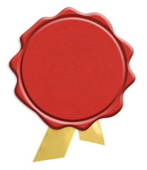 cachet de cire rouge et ruban doré sur fond blanc