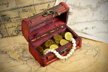 Treasure chest on old map