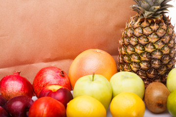 Fresh citrus fruits and packet