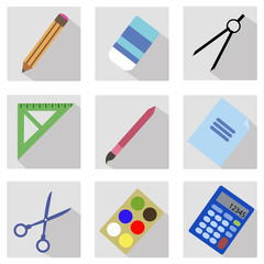 School and office colored flat icons. Vector illustrtaion.