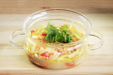 Zucchini with green beans braised in a pan