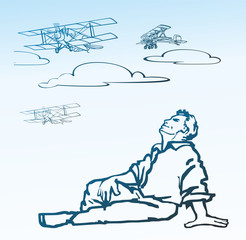 pilot 
человек мечтатель летчик смотрит в небо на ретро самолеты бипланы в облаках
