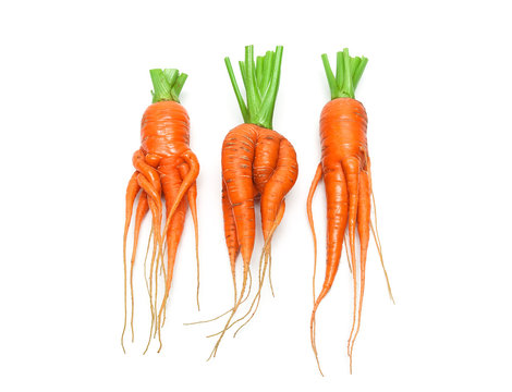 irregularly shaped carrots close-up isolated on white background