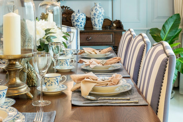 luxury table set in classic style dining room interior