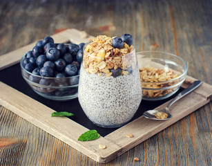 Healthy breakfast or morning snack with chia seeds pudding and b