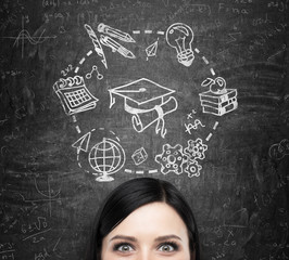 A forehead of the brunette lady who thinks about studying and graduation. Educational icons are...