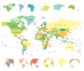 Naklejka na ściany i meble World map and globes - highly detailed vector illustration.
