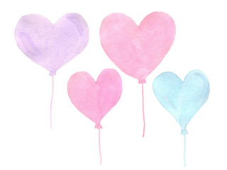 Fototapeta na wymiar Hand painted real watercolor pink and blue heart balloons on a w